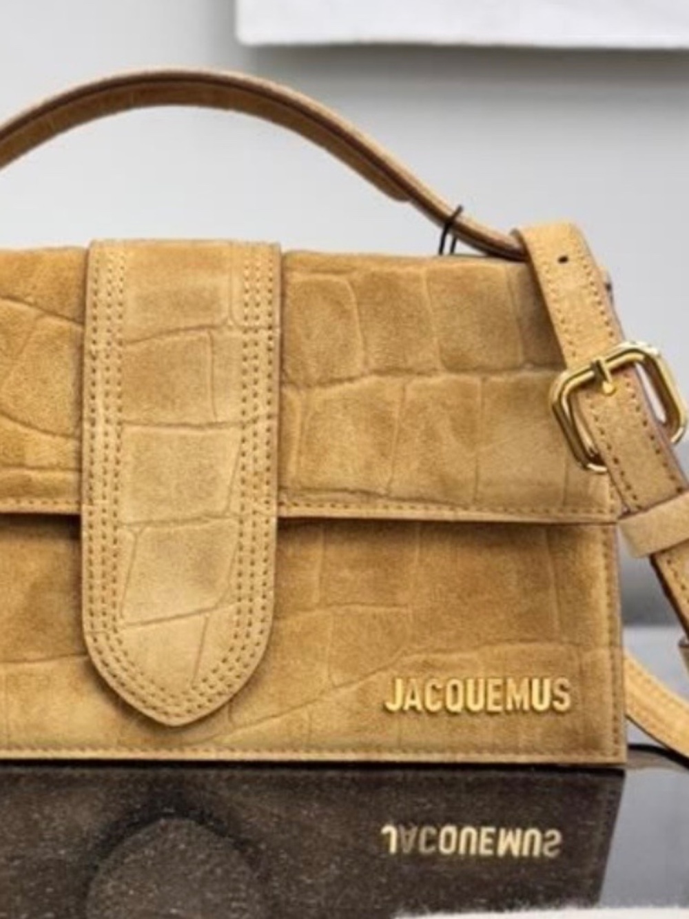 BRAND NEW - Jacquemus Camel Croc Embossed Suede Le Grand Bambino 2Way Handbag